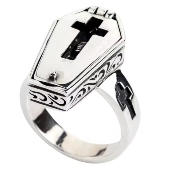 Halloween Vintage Silver Gothic Coffin Ring vampire skull - Picture 7 of 14